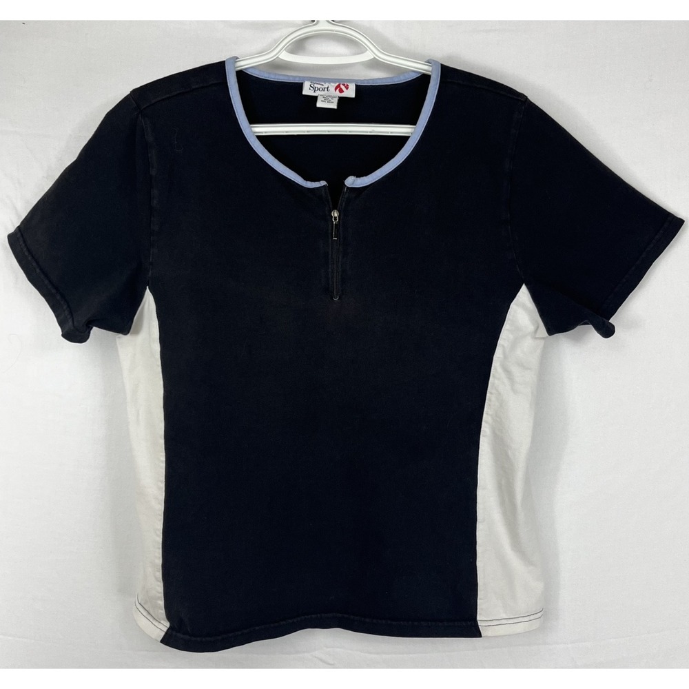 Style & Co Sport Womens Medium Black White 1/4 Zip Short Sleeve Cotton Top Shirt